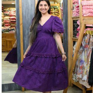 Mango Pretty Purple Midi Dress Eyelet Embroidered Puff Sleeve New S 4